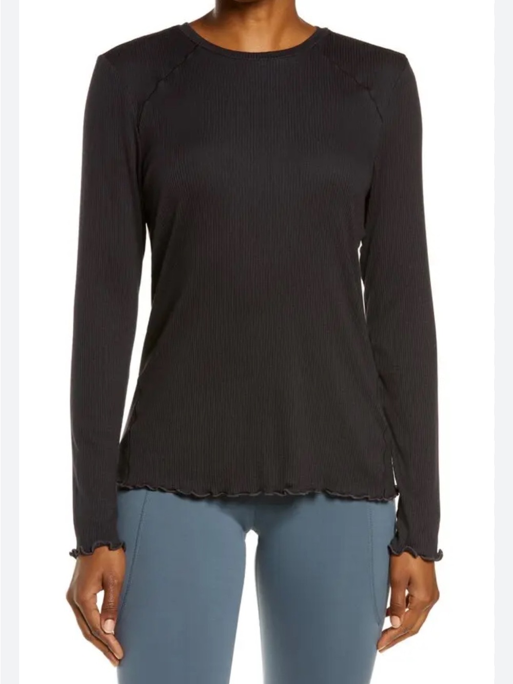 NEW ZELLA Black Long Sleeve Ribbed Top Lettuce Hem Lightweight Athletic Size M
